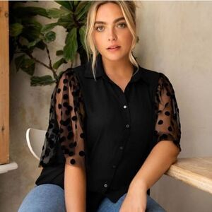 Shein Curve Dobby Mesh Sleeve Button Down Top